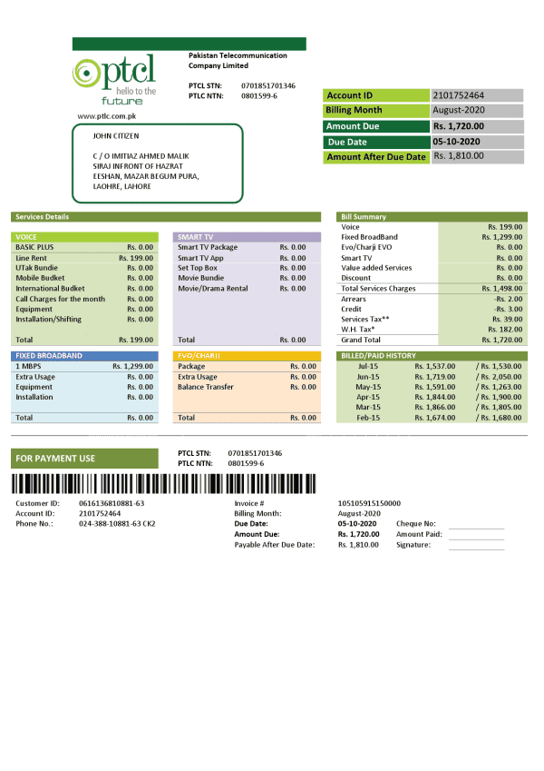 Pakistan-PTCL.png Pakistan PTCL utility bill template in Word and PDF format