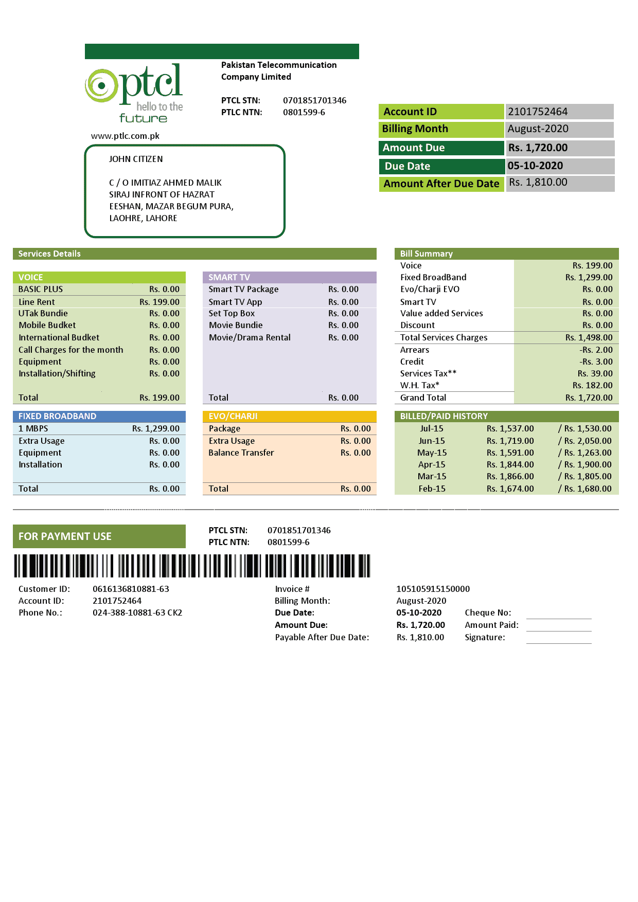 Pakistan-PTCL.png Pakistan PTCL utility bill template in Word and PDF format