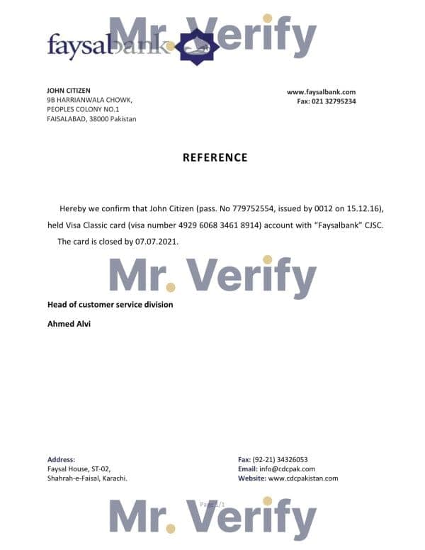 Pakistan Faysalbank bank account closure reference letter template in Word and PDF format
