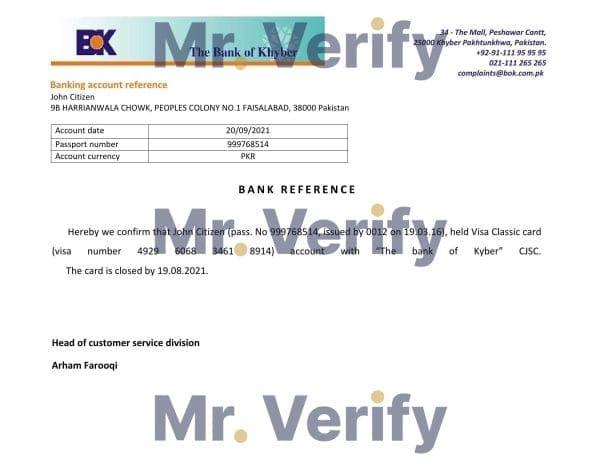 Pakistan Khyber bank account closure reference letter template in Word and PDF format