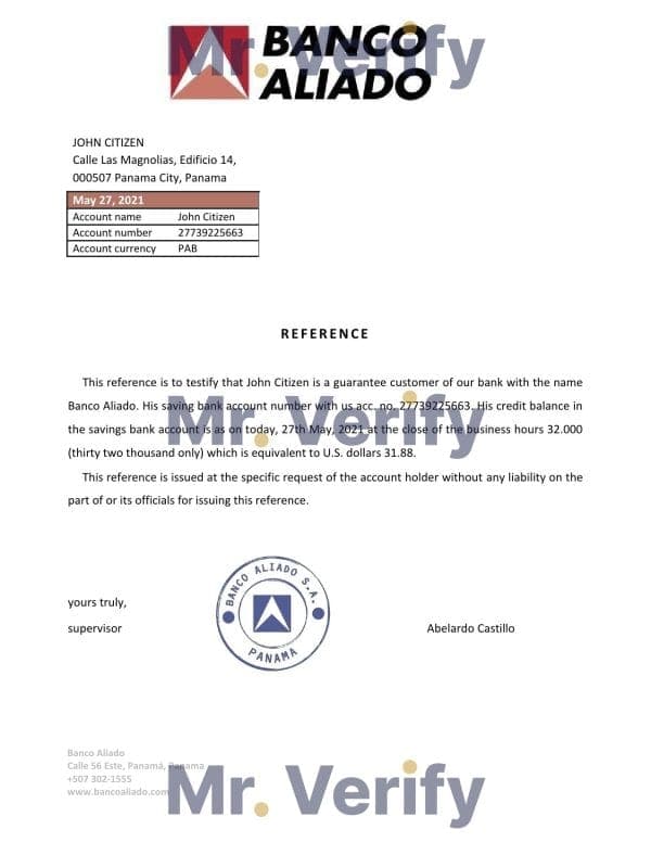 Panama Banco Aliado bank account reference letter template in Word and PDF format Panama Banco Aliado bank account reference letter template in Word and PDF format