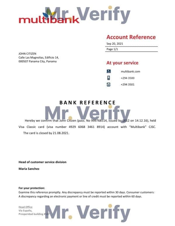 Panama Multibank bank account closure reference letter template in Word and PDF format