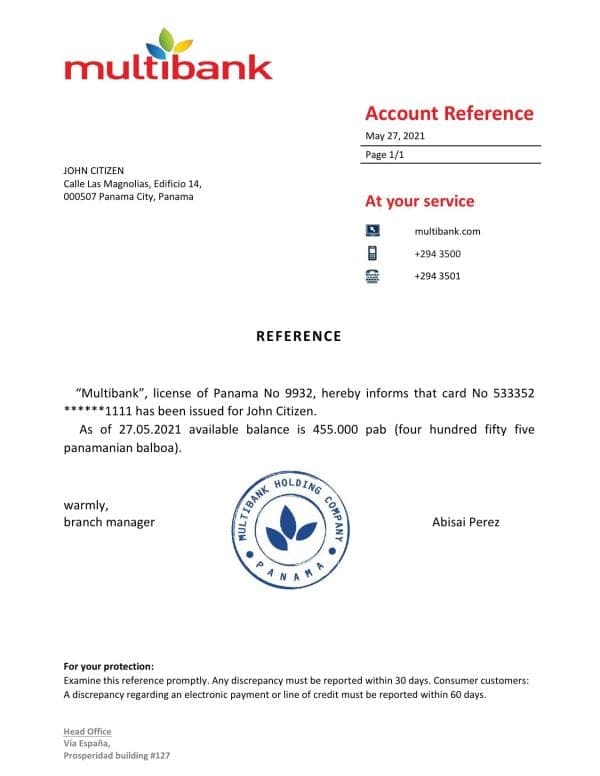 Panama Multibank bank account reference letter template in Word and PDF format Panama Multibank bank account reference letter template in Word and PDF format