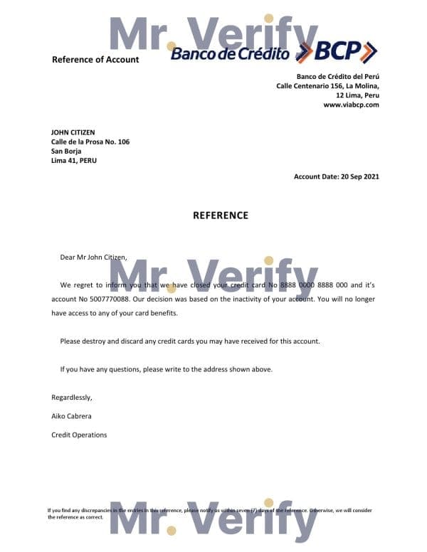 Peru Banco de Credito bank account closure reference letter template in Word and PDF format Peru Banco de Credito bank account closure reference letter template in Word and PDF format