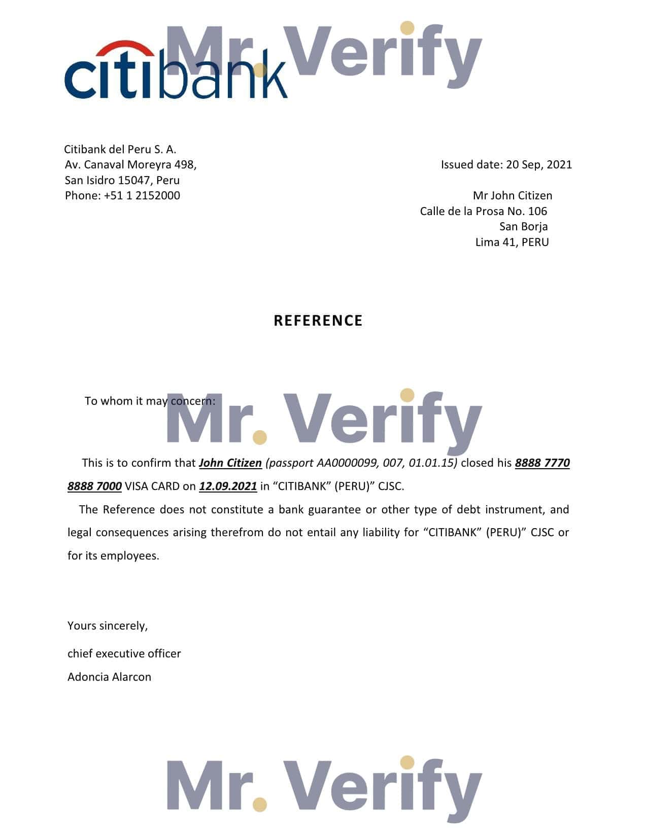 Peru Citibank bank account closure reference letter template in Word and PDF format Peru Citibank bank account closure reference letter template in Word and PDF format