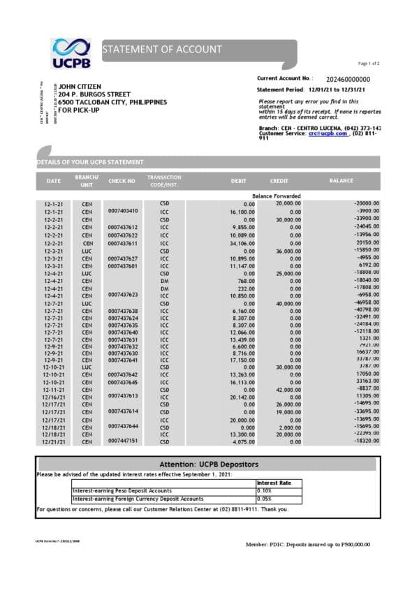 Philippines UCPB bank statement of account template in Excel and PDF format