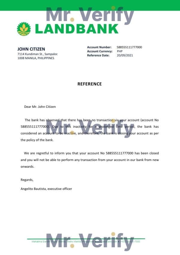Philippines Landbank bank account closure reference letter template in Word and PDF format Philippines Landbank bank account closure reference letter template in Word and PDF format