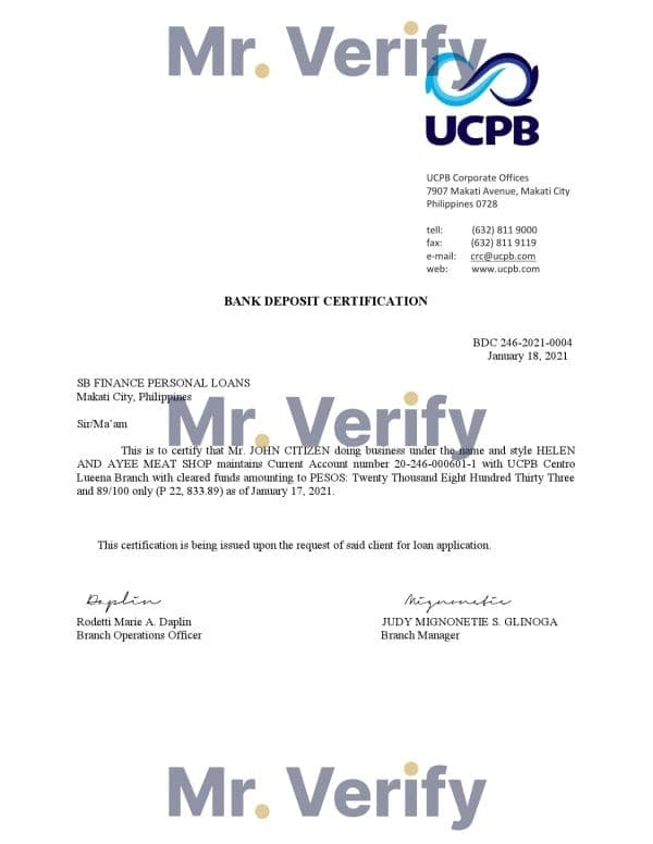 Philippines UCPB bank deposit certification letter in Word and PDF format Philippines UCPB bank deposit certification letter in Word and PDF format