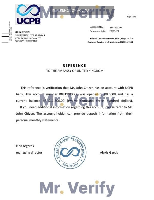 Philippines UCPB bank reference letter template in Word and PDF format Philippines UCPB bank reference letter template in Word and PDF format