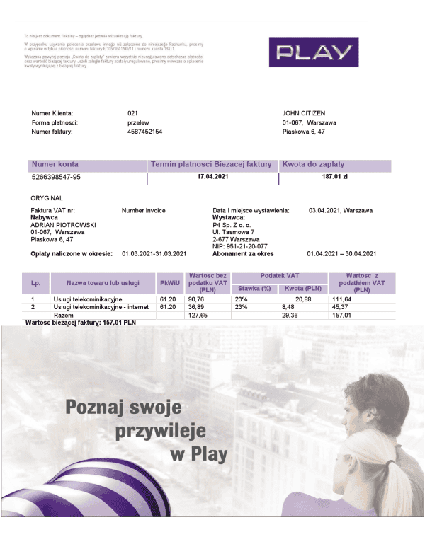 Poland.png Poland Play utility bill template in Word and PDF format, fully editable