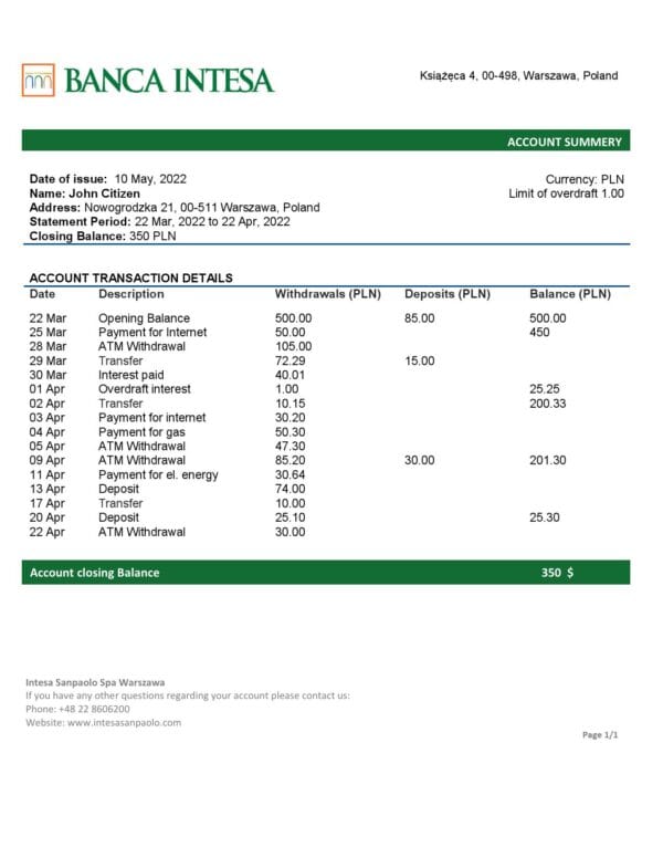 Poland-Banca-Intesa-bank-statement_000001.jpg Poland Banca Intesa bank statement template in Word and PDF format