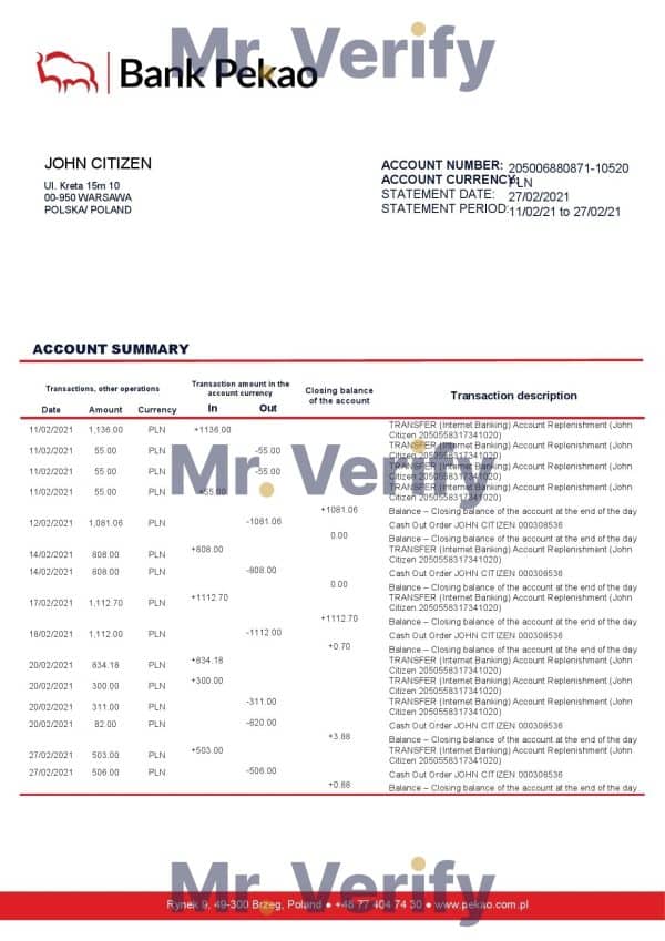 Poland Bank Pekao S.A bank statement template in .doc and .pdf format, fully editable