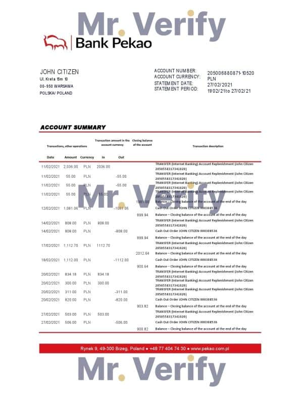 Poland Bank Pekao S.A. bank statement easy to fill template in Excel and PDF format