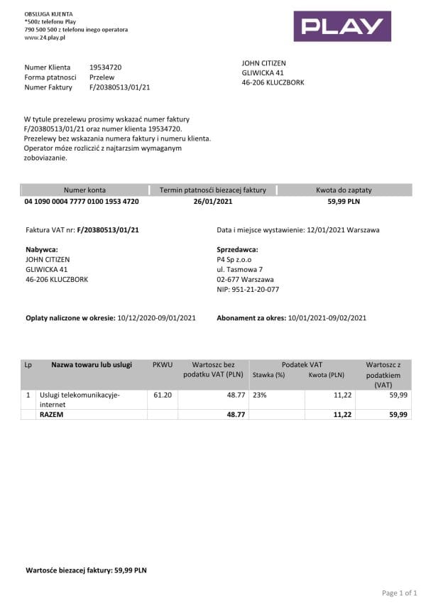 Poland Play utility bill template in Word and PDF format