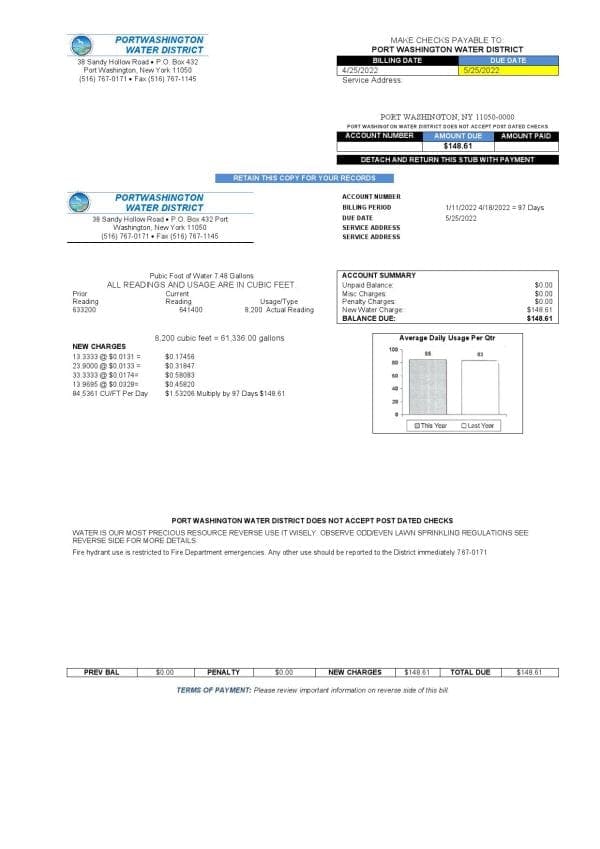USA New York Port Washington Water District utility bill template in Word and PDF format