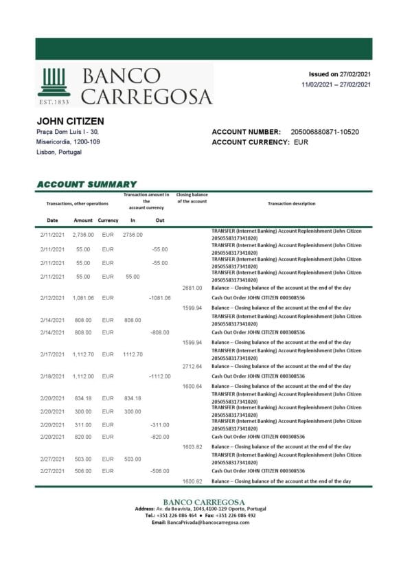 Portugal Banco Carregosa bank statement template in Excel and PDF format, .xls and .pdf format