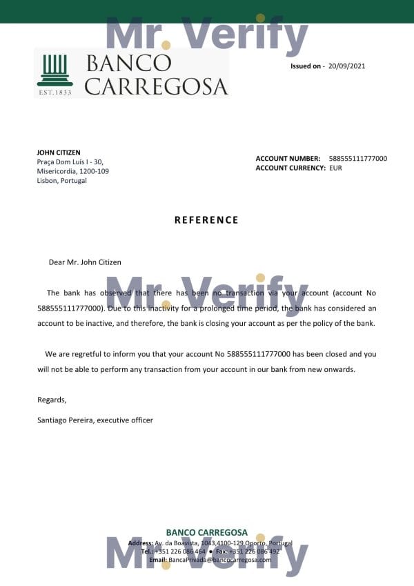 Portugal Banco Carregosa bank account closure reference letter template in Word and PDF format Portugal Banco Carregosa bank account closure reference letter template in Word and PDF format