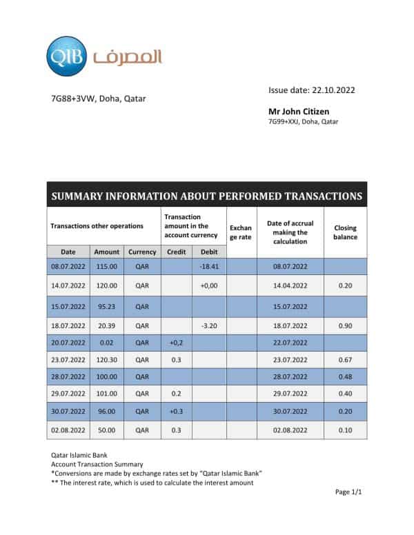 Qatar Qatar Islamic Bank statement template in Word and PDF format