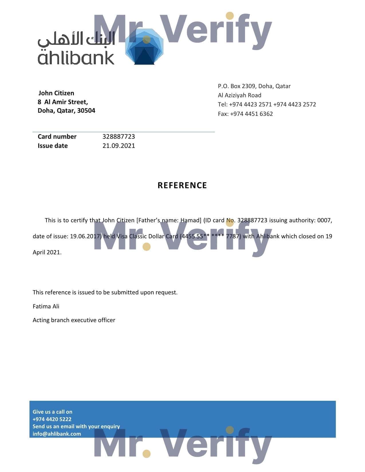 Qatar Ahlibank bank account closure reference letter template in Word and PDF format Qatar Ahlibank bank account closure reference letter template in Word and PDF format
