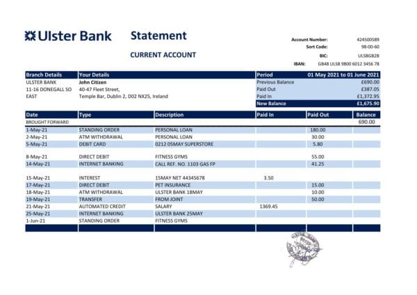 Republic-of-Ireland-Ulster-Bank-John-citizen_000001.jpg Republic of Ireland Ulster Bank statement easy to fill template in Excel and PDF format
