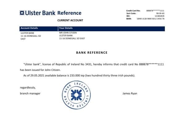 Ireland Ulster Bank bank account reference letter template in Word and PDF format Ireland Ulster Bank bank account reference letter template in Word and PDF format
