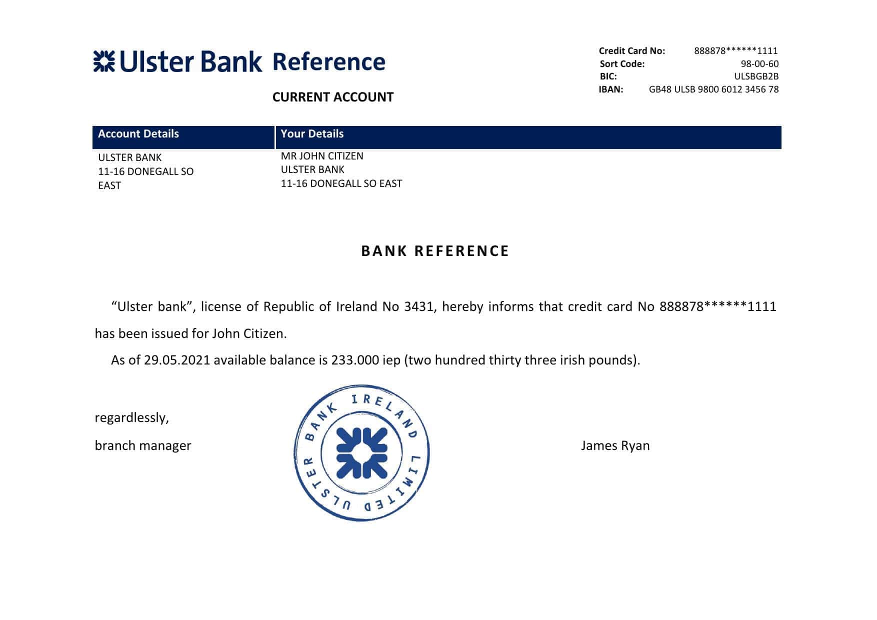 Ireland Ulster Bank bank account reference letter template in Word and PDF format Ireland Ulster Bank bank account reference letter template in Word and PDF format