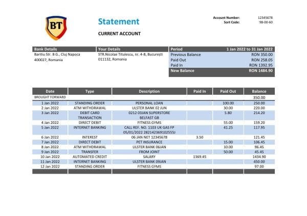Romania Banca Transilvania bank statement template in Word and PDF format, version 2