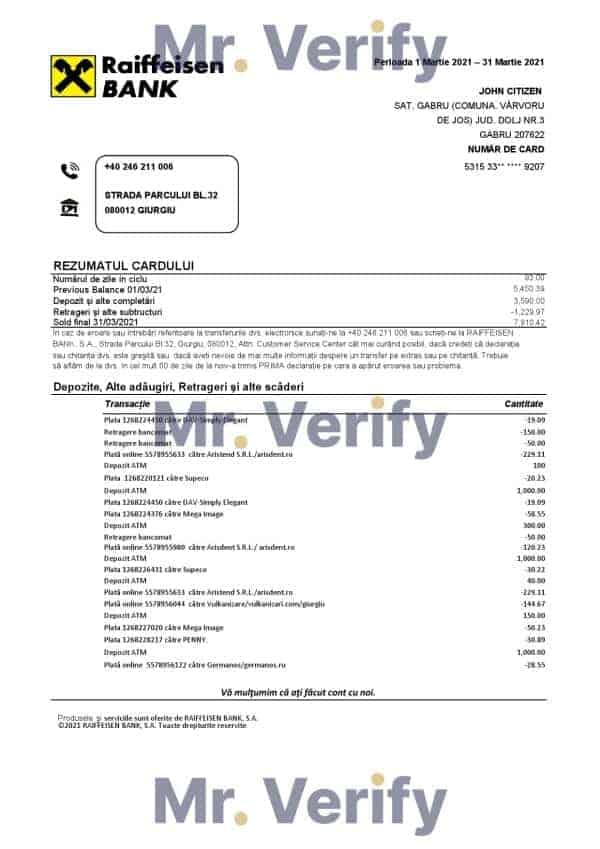 Romania Raiffeisen bank statement template in Excel and PDF format (in Romanian language)