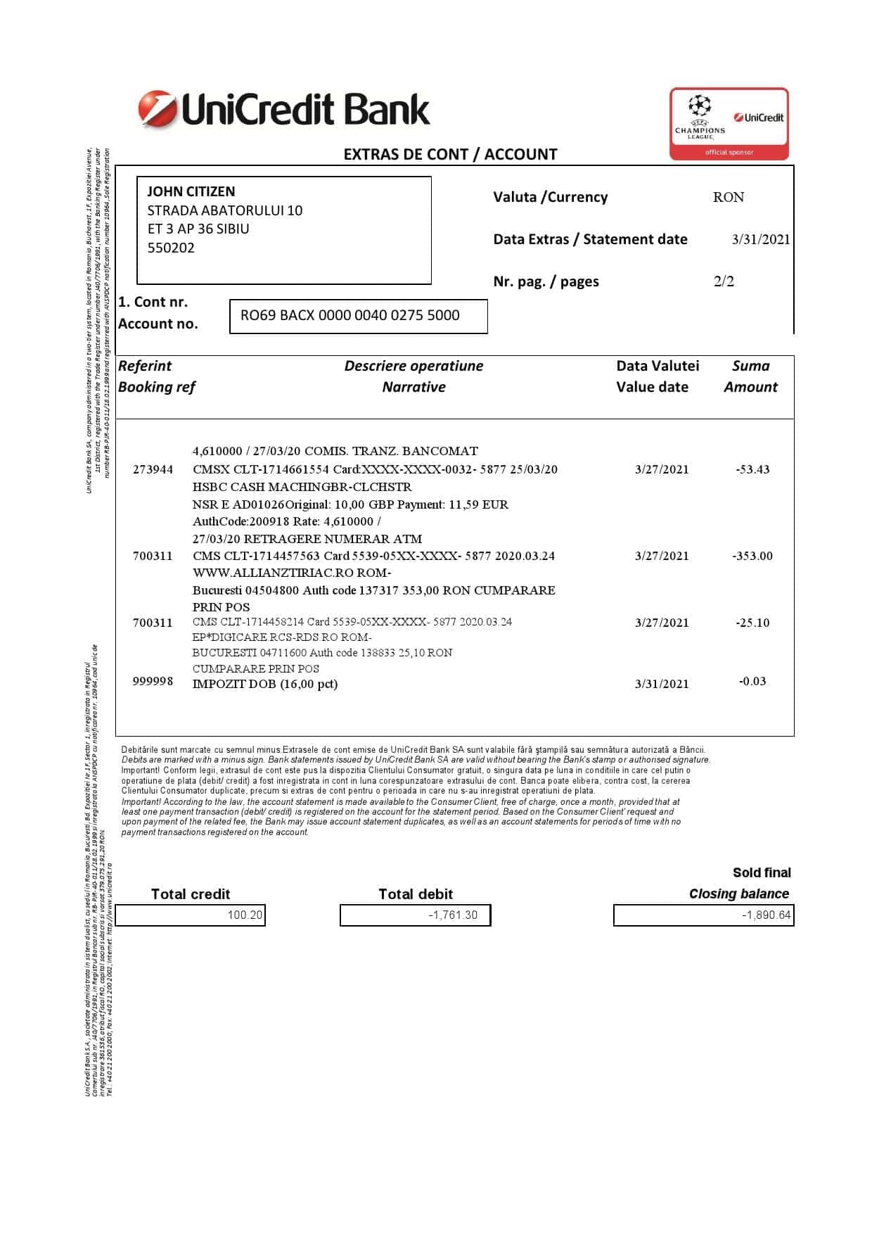 Romania-UniCredit-Bank-statement-template-in-Excel-and-PDF-format-2-pages-in-Romanian-and-English-languages-2.jpg Romania UniCredit Bank statement template in Excel and PDF format (2 pages) in Romanian and English languages - Image 2
