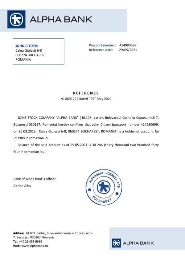 Romania Alpha Bank bank account reference letter template in Word and PDF format Romania Alpha Bank bank account reference letter template in Word and PDF format