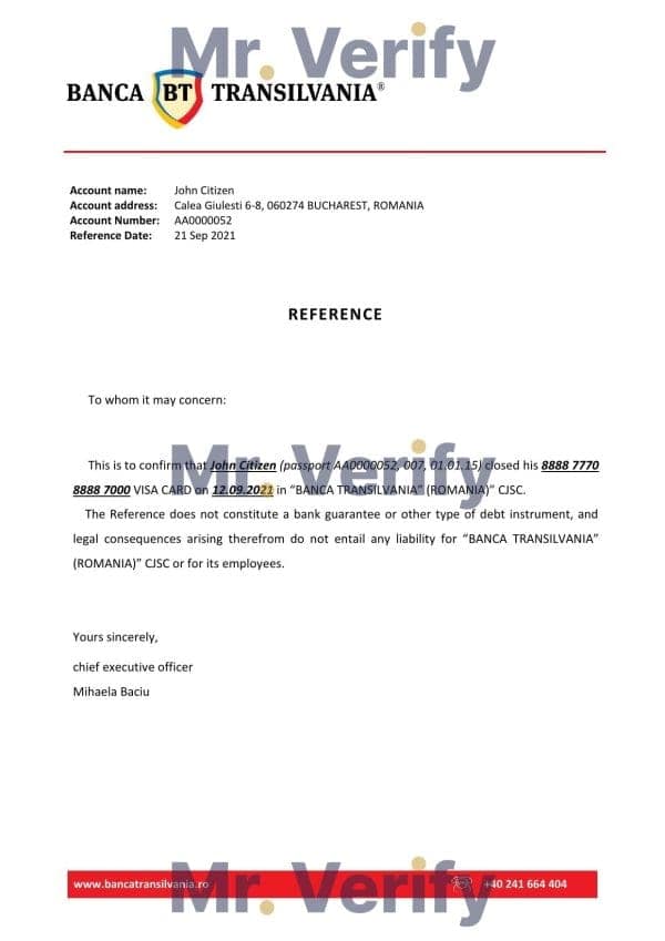 Romania Banca Transilvania bank account closure reference letter template in Word and PDF format Romania Banca Transilvania bank account closure reference letter template in Word and PDF format