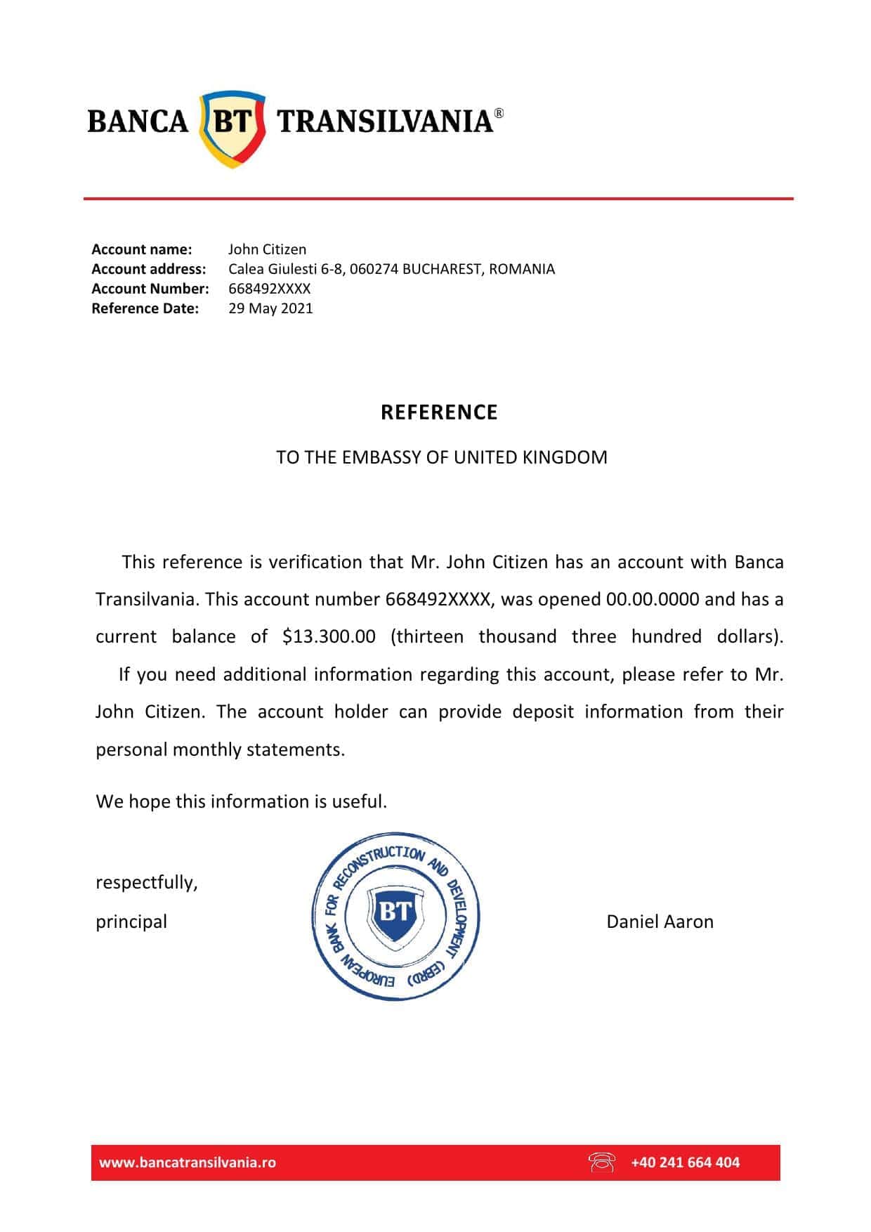 Romania Banca Transilvania bank account reference letter template in Word and PDF format Romania Banca Transilvania bank account reference letter template in Word and PDF format