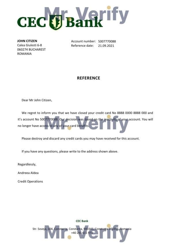 Romania CEC Bank bank account closure reference letter template in Word and PDF format Romania CEC Bank bank account closure reference letter template in Word and PDF format