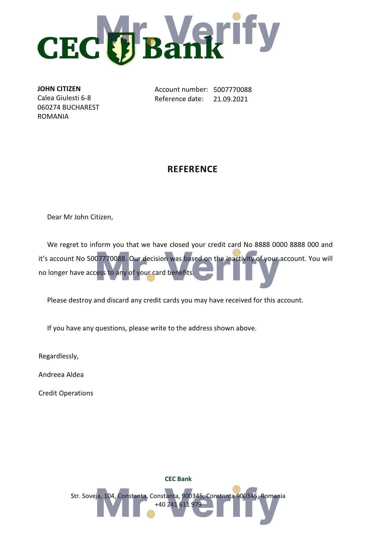 Romania CEC Bank bank account closure reference letter template in Word and PDF format Romania CEC Bank bank account closure reference letter template in Word and PDF format