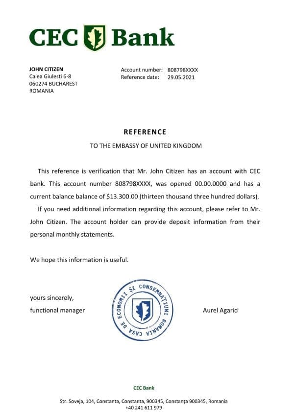 Romania CEC Bank bank account reference letter template in Word and PDF format Romania CEC Bank bank account reference letter template in Word and PDF format