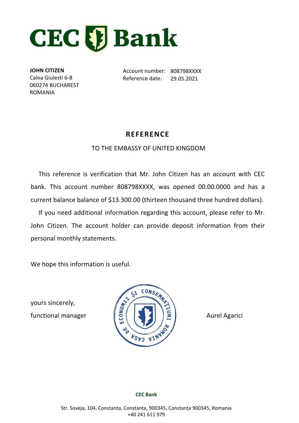 Romania CEC Bank bank account reference letter template in Word and PDF format Romania CEC Bank bank account reference letter template in Word and PDF format