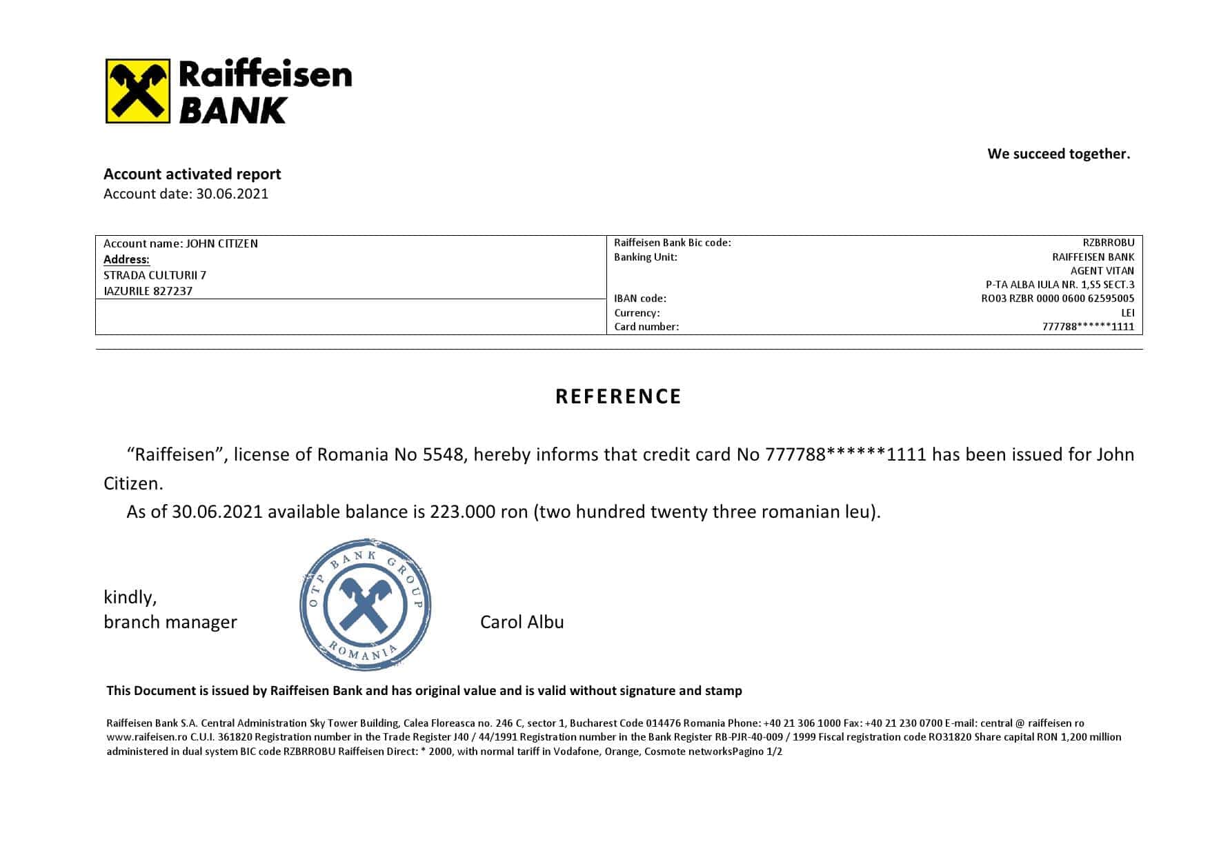 Romania Raiffeisen bank account reference letter template in Word and PDF format Romania Raiffeisen bank account reference letter template in Word and PDF format