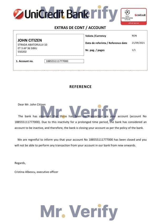 Romania UniCredit Bank bank account closure reference letter template in Word and PDF format Romania UniCredit Bank bank account closure reference letter template in Word and PDF format