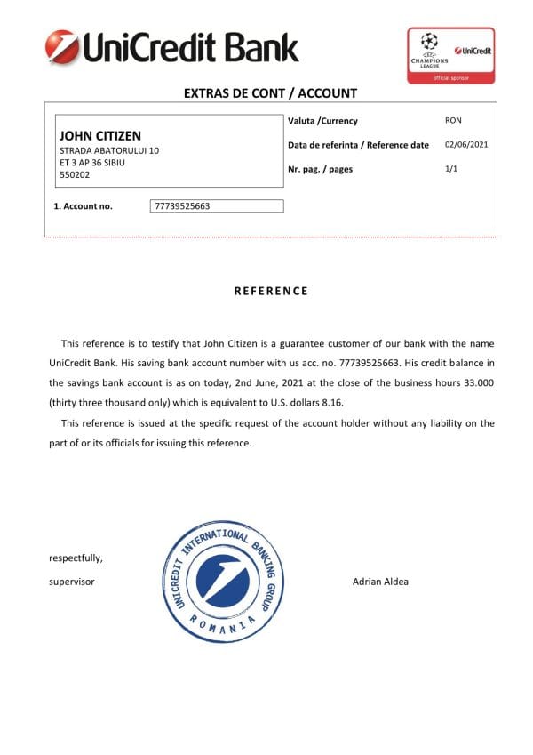 Romania UniCredit Bank bank account reference letter template in Word and PDF format