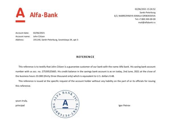 Russia Alfa Bank bank reference letter template in Word and PDF format