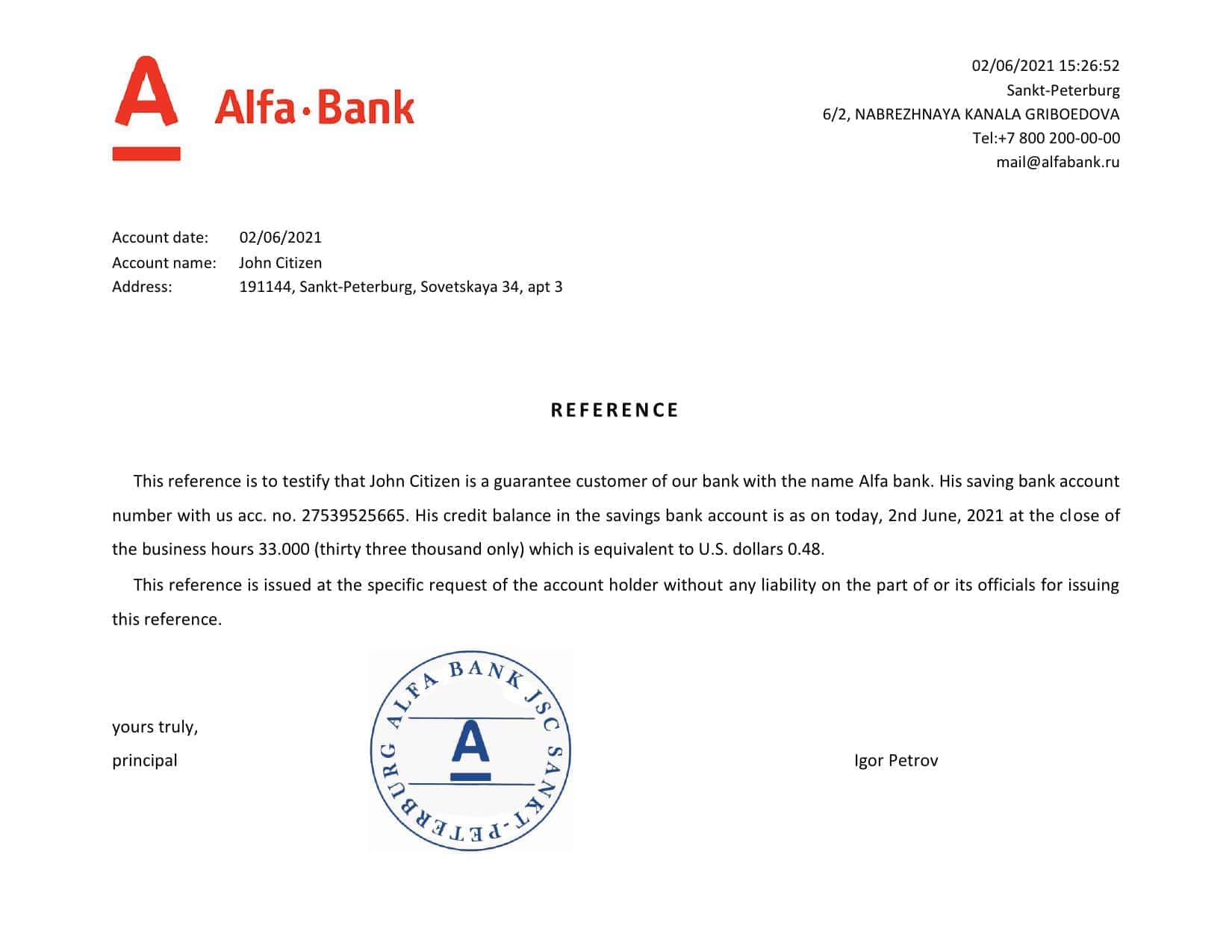 Russia Alfa Bank bank reference letter template in Word and PDF format Russia Alfa Bank bank reference letter template in Word and PDF format