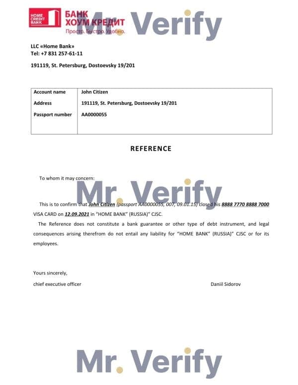 Russia Bank Home Credit bank account closure reference letter template in Word and PDF format Russia Bank Home Credit bank account closure reference letter template in Word and PDF format
