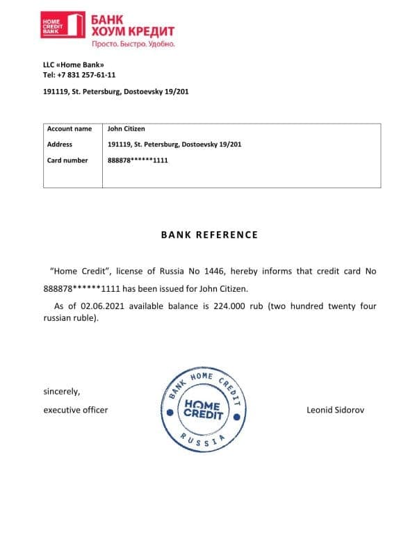 Russia Bank Home Credit bank reference letter template in Word and PDF format