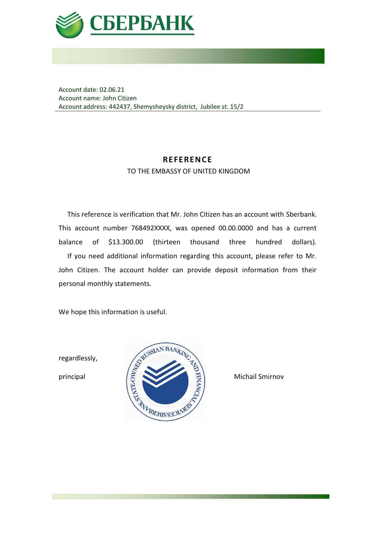 Russia Sberbank bank reference letter template in Word and PDF format Russia Sberbank bank reference letter template in Word and PDF format