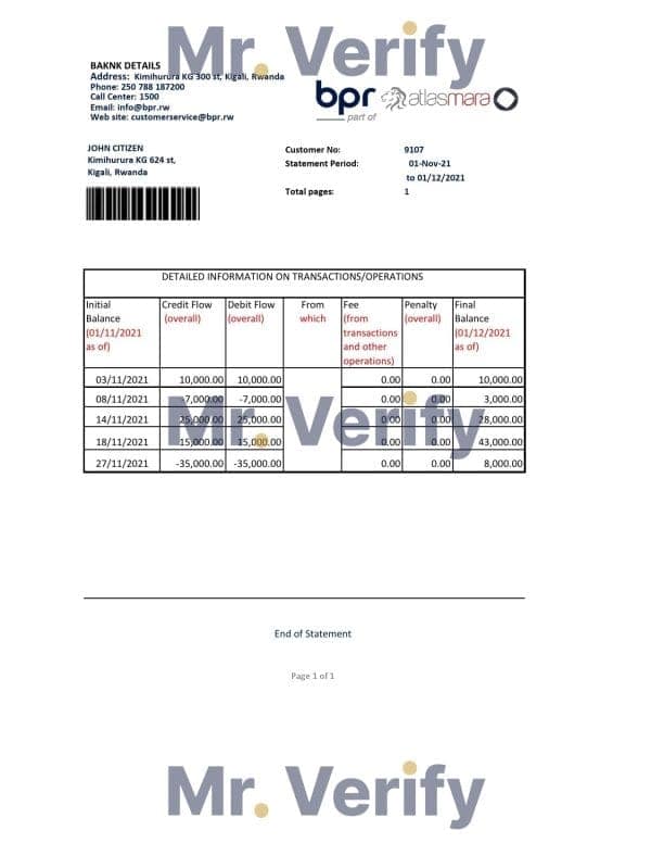 Rwanda BPR bank statement easy to fill template in Excel and PDF format