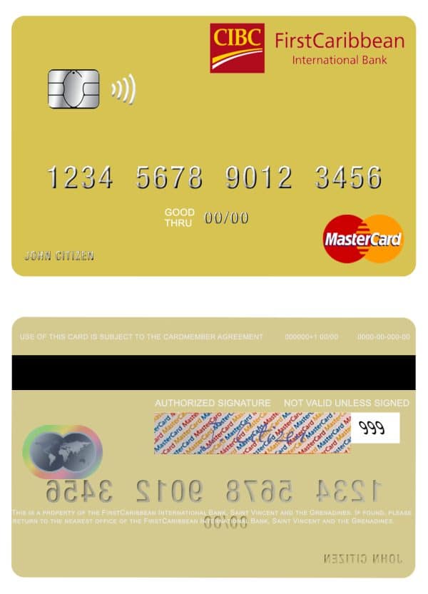 Saint Vincent and the Grenadines FirstCaribbean International Bank mastercard copy Editable Saint Vincent and the Grenadines FirstCaribbean International Bank mastercard credit card Templates