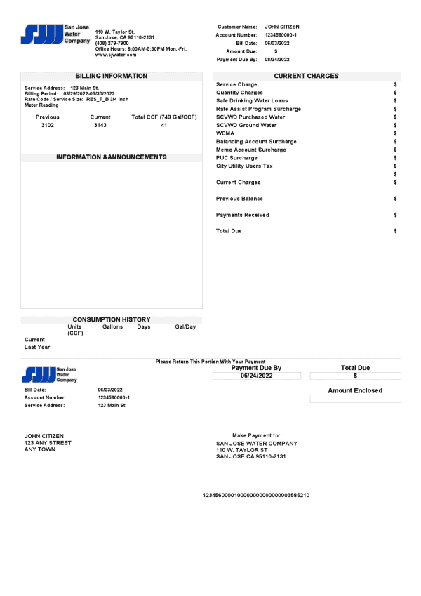 San-Jose.png USA California San Jose Water utility bill template in Word and PDF format