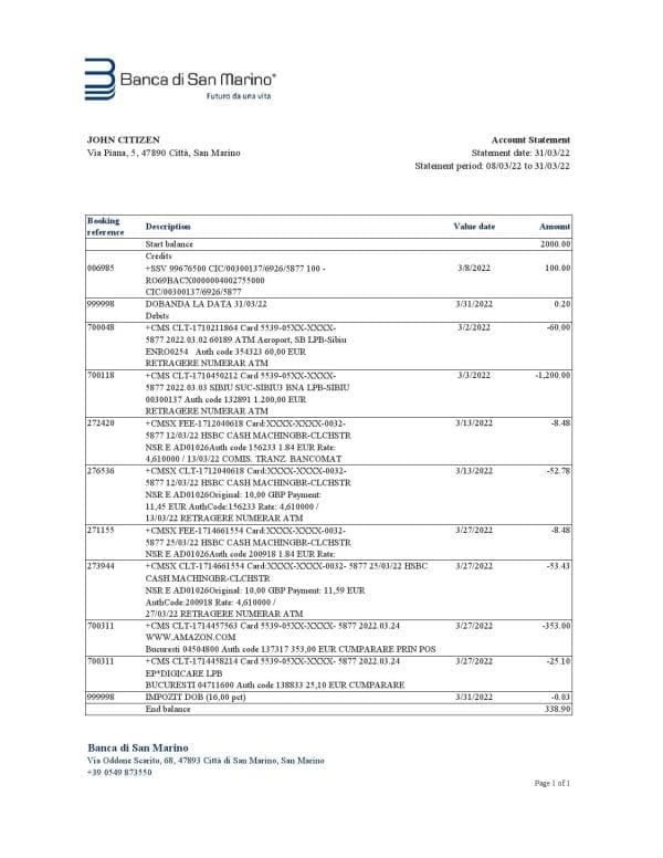 San Marino Banca di San Marino bank statement, Excel and PDF template