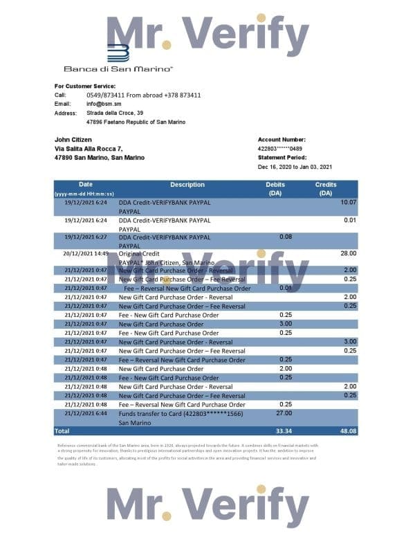San Marino Banca di San Marino bank statement easy to fill template in Excel and PDF format