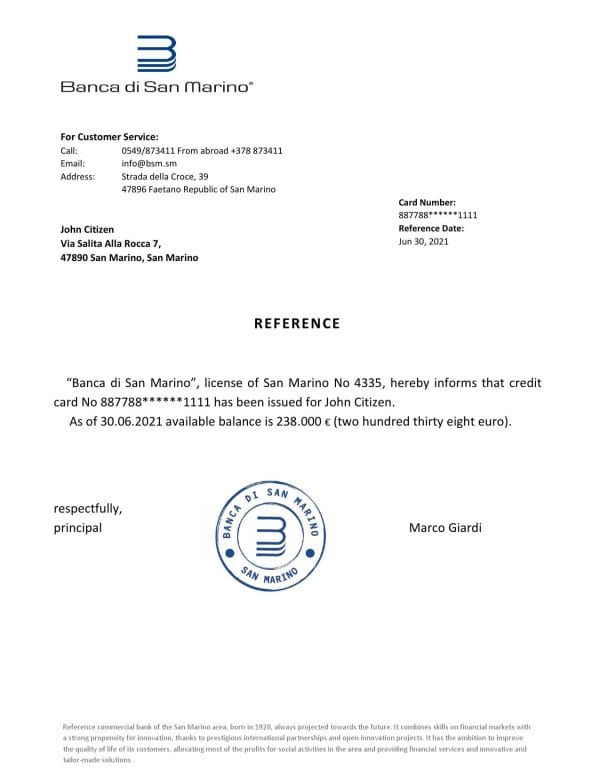 San Marino Banca di San Marino bank reference letter template in Word and PDF format